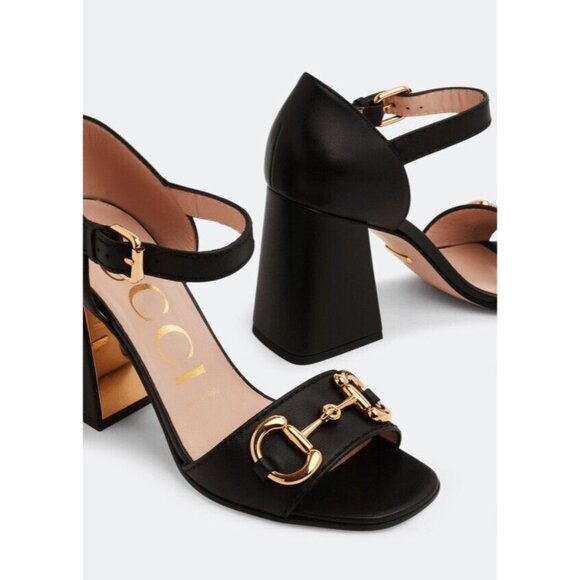 NEW GUCCI JUMBO HEELS HORSEBIT BLACK LEATHER GOLD SZ 38.5 Sandals Shoes - Picture 3 of 13